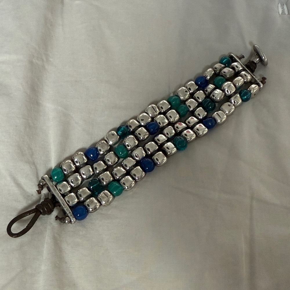 UNO de 50 Silver Beaded Bracelet with Blue and Green Accents and leather. - Picture 3 of 12